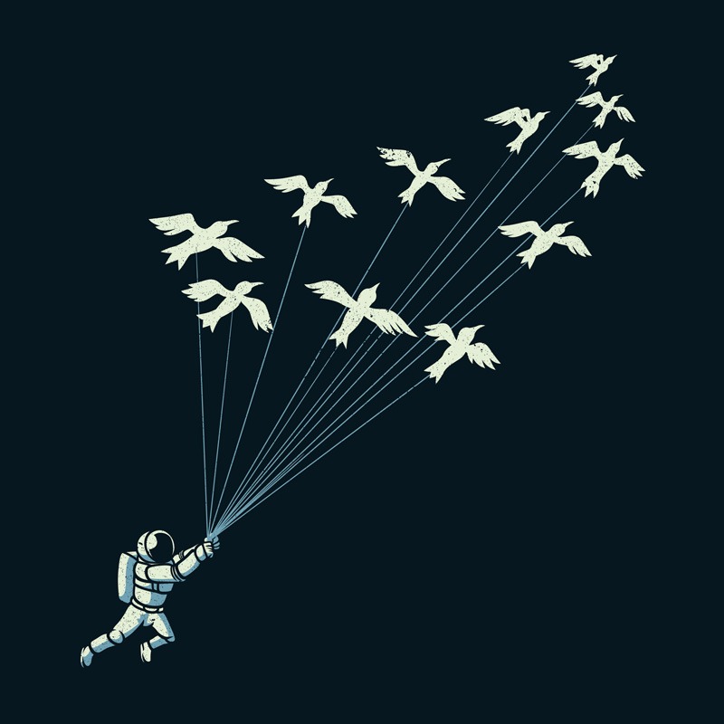 Astronaut Prince Flying With Birds Black and White