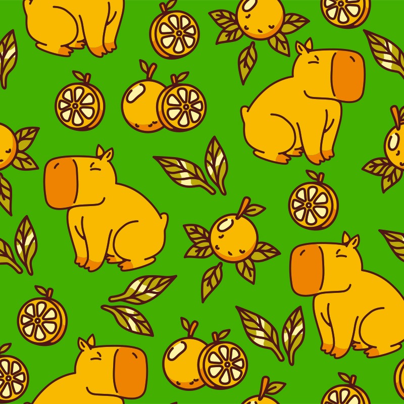 Capybara With Oranges Leaves Green