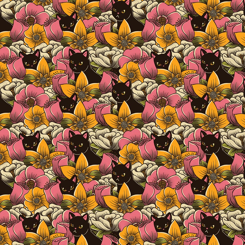 Cats in a Field of Flowers Pattern