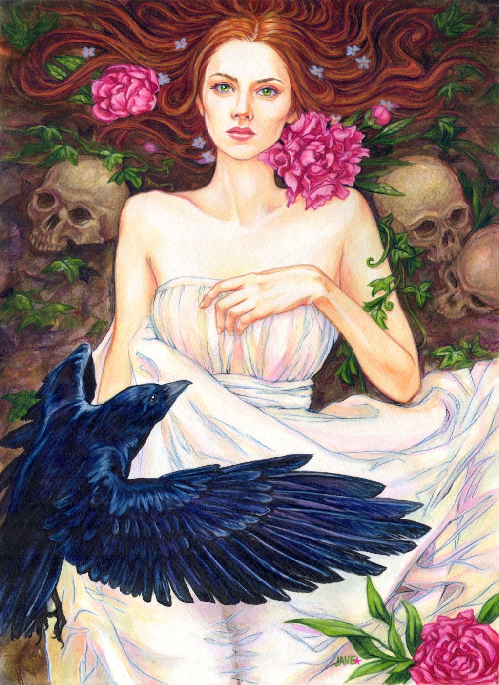 Crow and Peonies