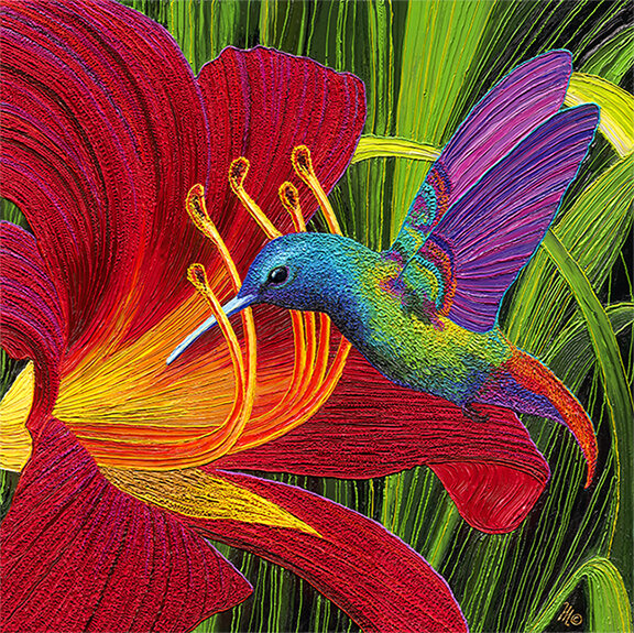 Hummingbird with red flower