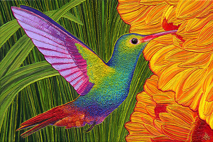 Hummingbird with yellow flower