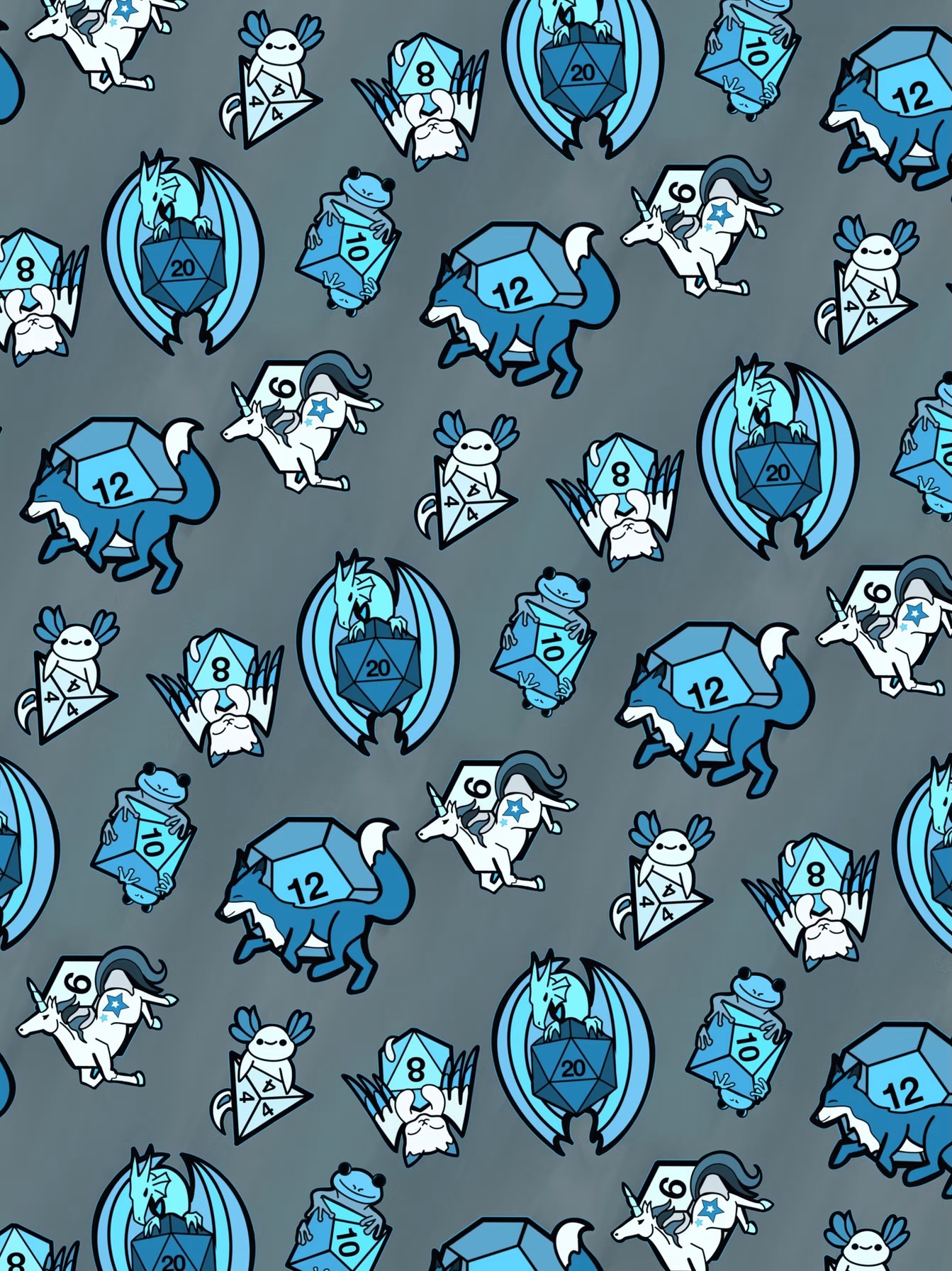 Dice Critters Repeating Pattern in Blue/Grey