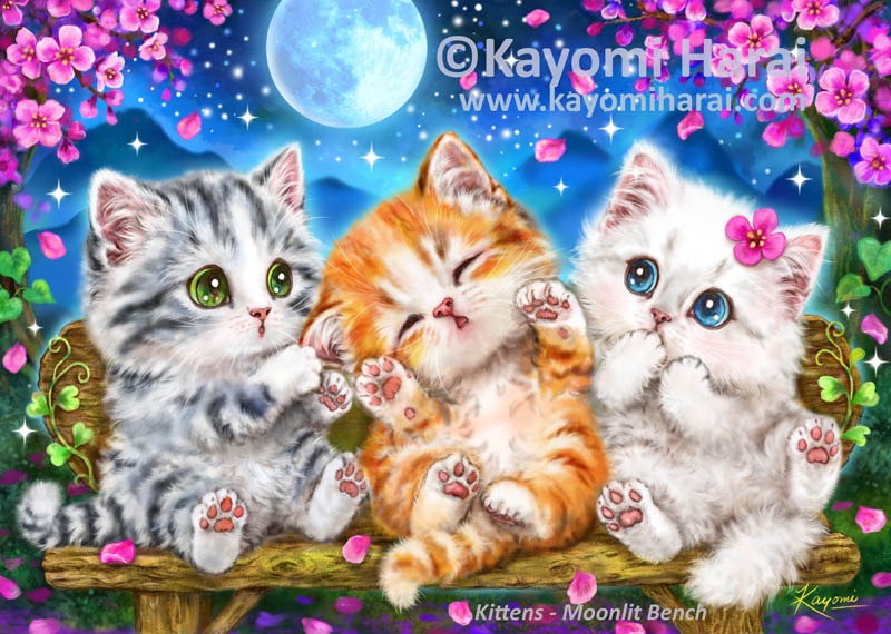 Kittens Moonlit Bench
