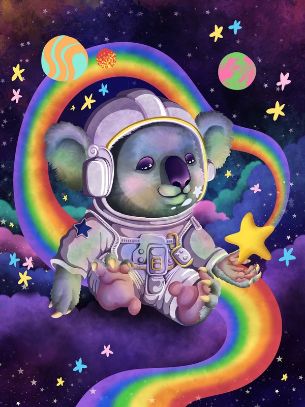 Koala in space holding a star with a rainbow