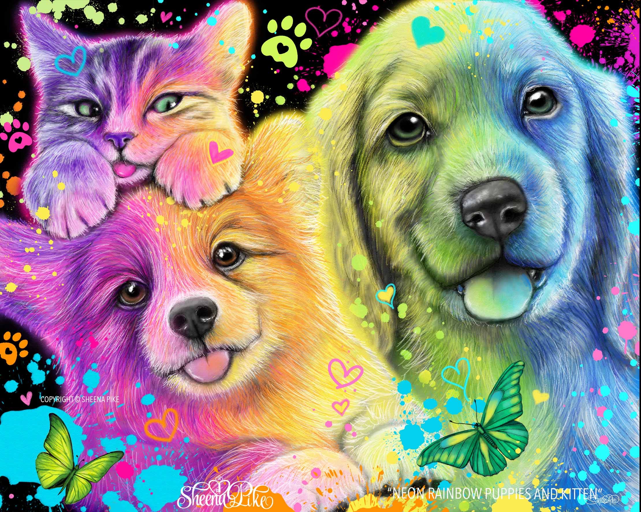 Neon Rainbow Puppies & Kitten