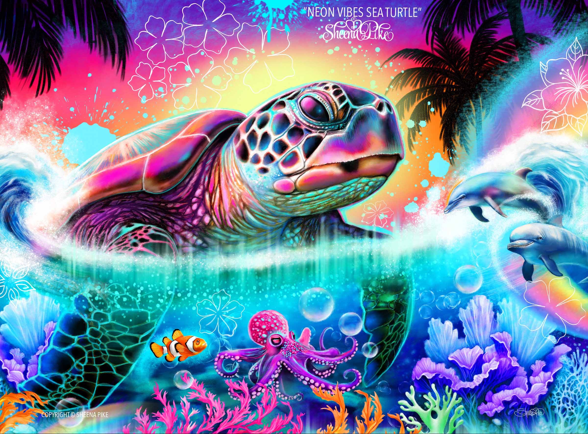 Neon Vibes Sea Turtle