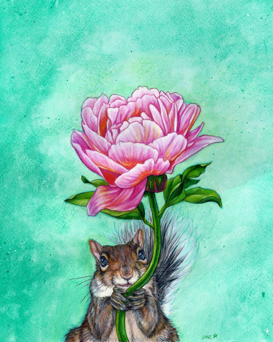 Squirrel Holding Peony