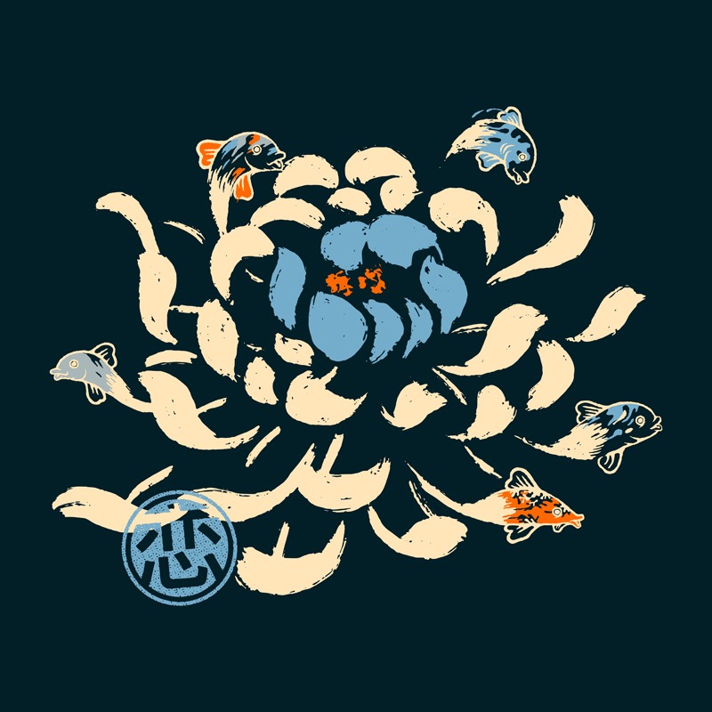 Vintage Japanese Flower Koi Blue