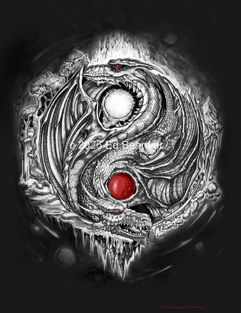 Yin Yang Dragons B/W Red Moon