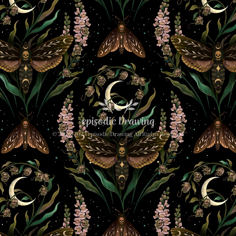 Death’s Head Moth and Floral Damask Pattern
