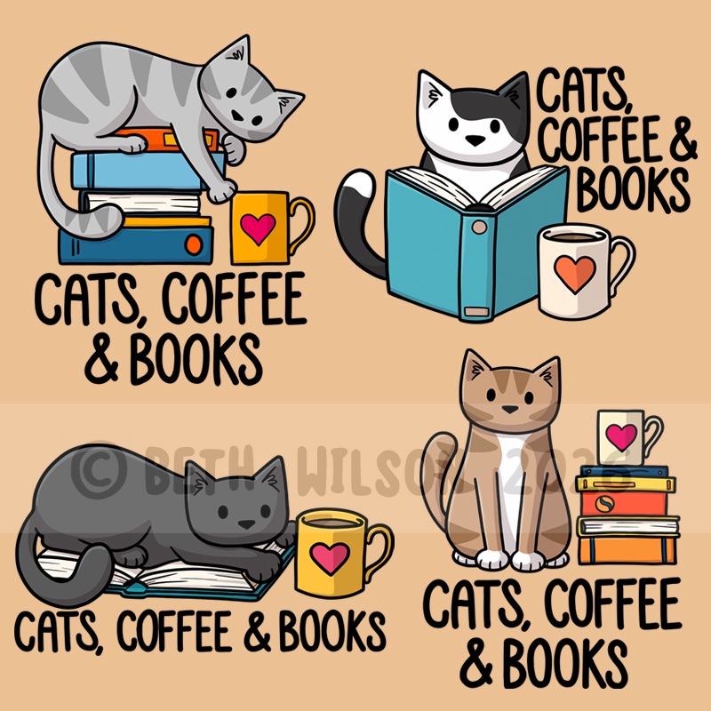 Cats coffee and books