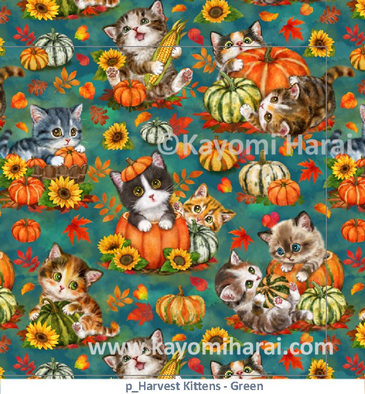 Pattern Harvest Kittens Teal