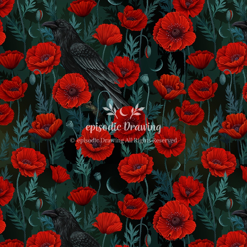 Raven in Bloom Scarlet Pattern