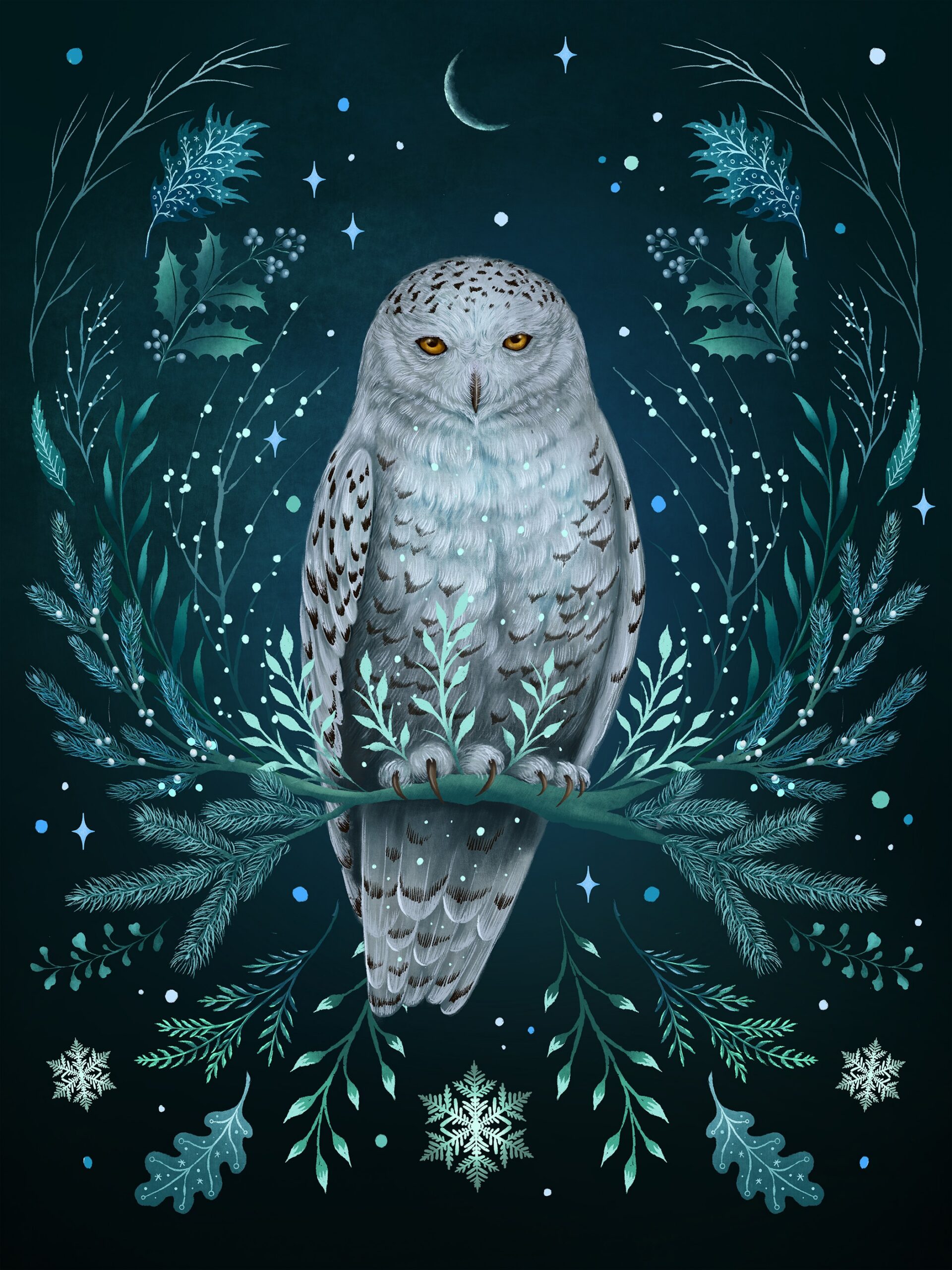 Night snow owl in magical forest
