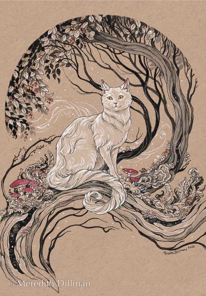 White Cat with Mushrooms